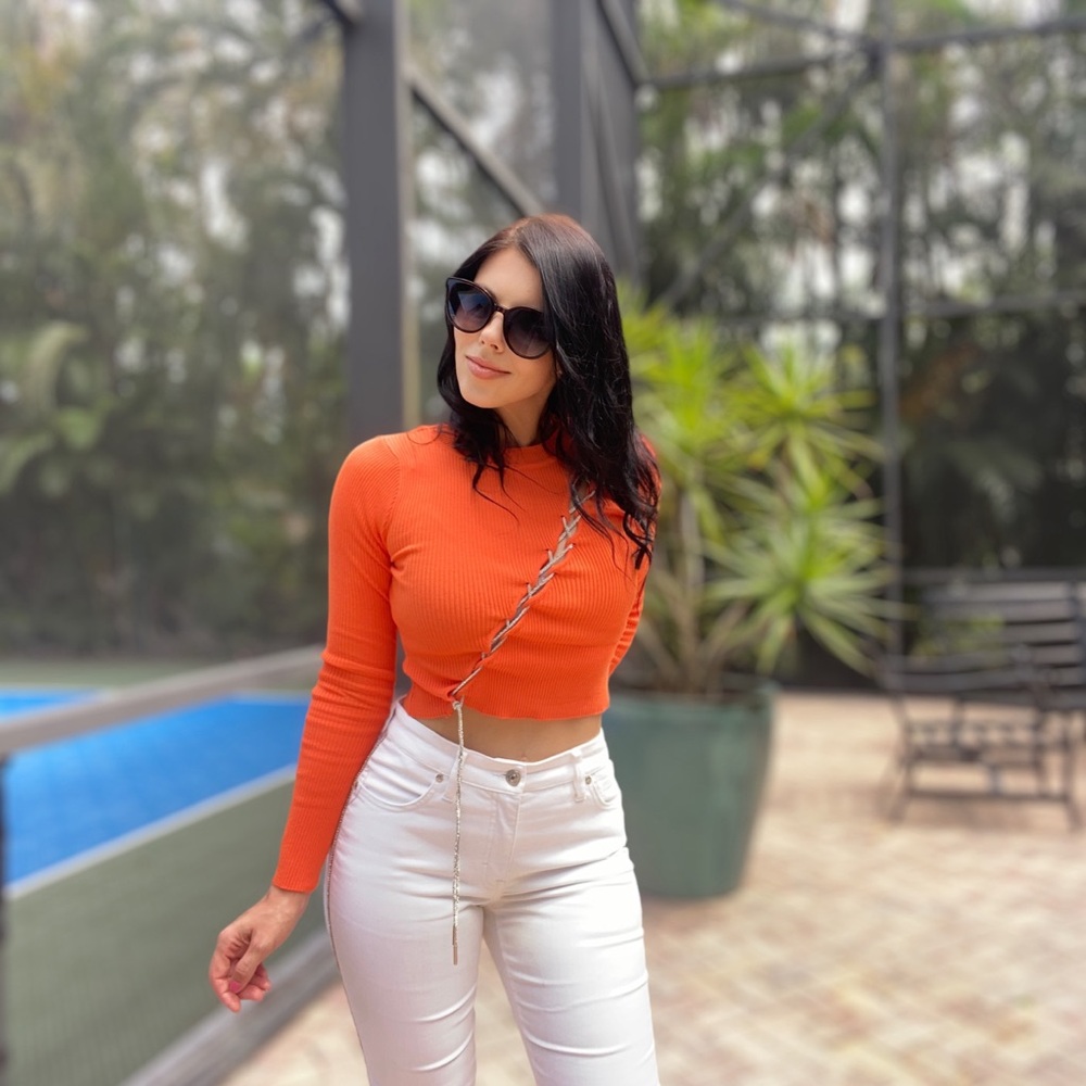 Balboa Orange Long Sleeve Top w/ Rhinestone Criss-Cross & Tie Waist - Large